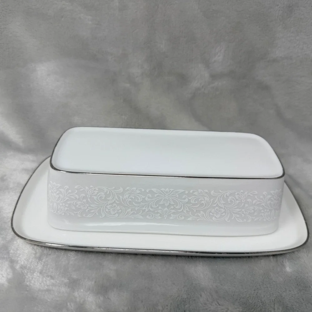 Crown Victoria‎ Empress Fine China Butter Dish with Lid White Floral Silver Trim